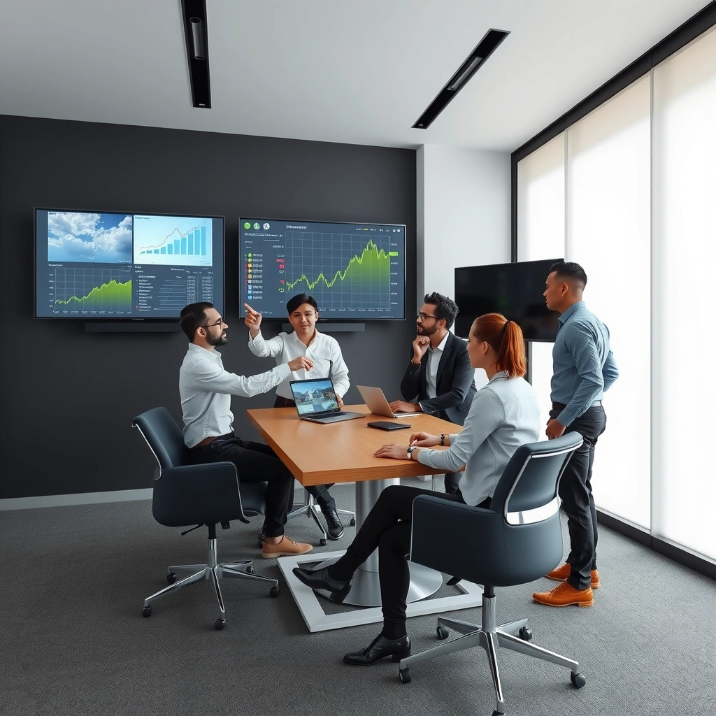 Equipo de analistas trabajando en prototipos de juegos financieros